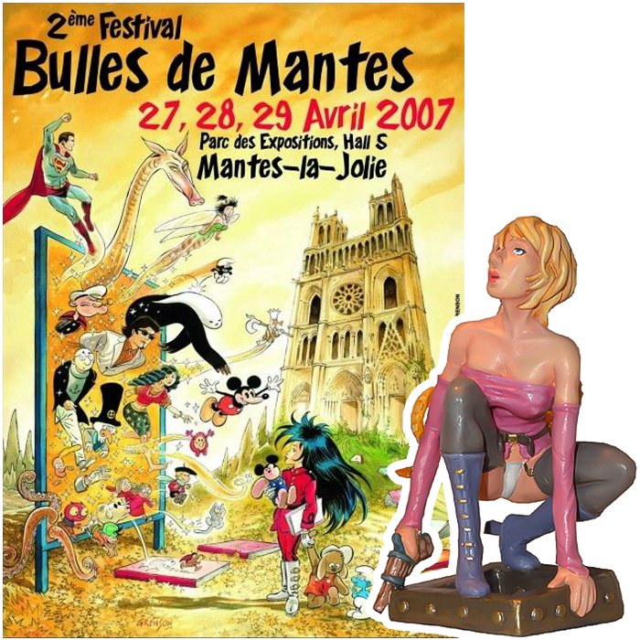 Affiche Festival BD bulles-de-mantes 2006 avec figurine Ambrosia personnage de Marc Moreno